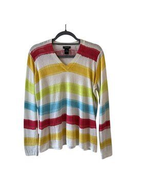 Jenvie Colorful Striped V-Neck Sweater Cashmere Blend Size M Thin Knit Preppy